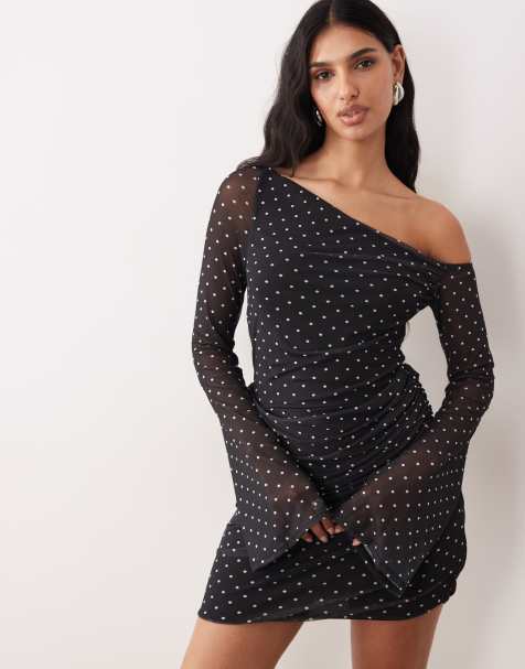 ASOS DESIGN printed mesh off shoulder mini dress with angel sleeve in spot print