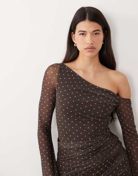 ASOS DESIGN printed mesh off shoulder mini dress with angel sleeve in spot print - view 1