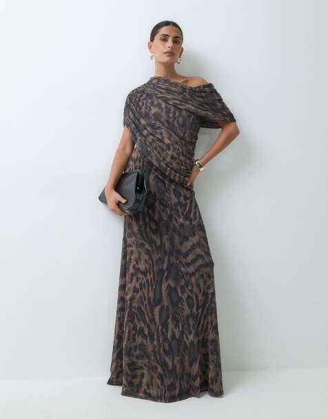 ASOS DESIGN printed mesh off shoulder wrap bodice detail maxi dress with train in animal