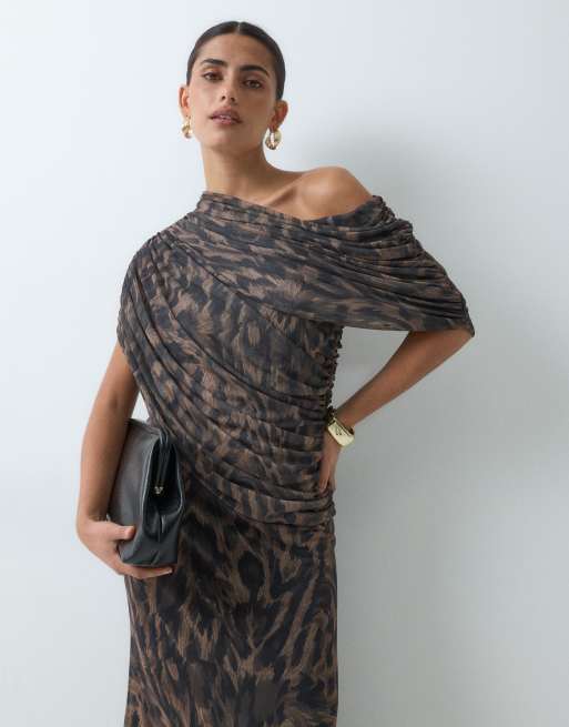 ASOS DESIGN printed mesh off shoulder wrap bodice detail maxi dress with train in animal, 2 of 5