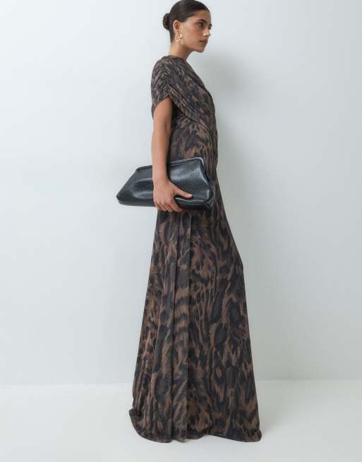 ASOS DESIGN printed mesh off shoulder wrap bodice detail maxi dress with train in animal, 3 of 5