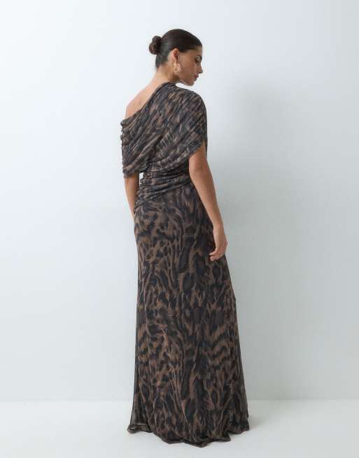 ASOS DESIGN printed mesh off shoulder wrap bodice detail maxi dress with train in animal, 4 of 5