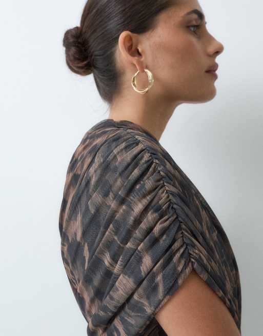 ASOS DESIGN printed mesh off shoulder wrap bodice detail maxi dress with train in animal, 5 of 5