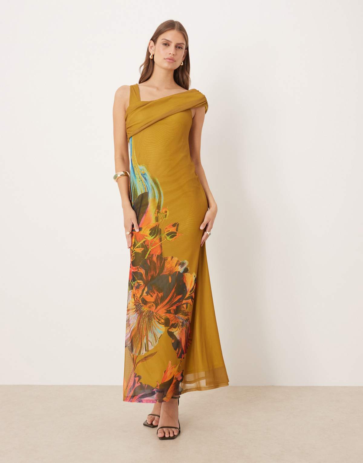 ASOS DESIGN printed mesh one off shoulder midi dress in green floral