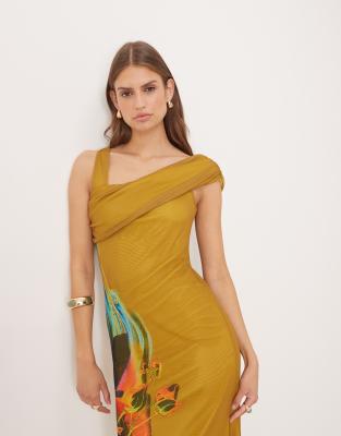 Asos Design Printed Mesh One Off Shoulder Midi Dress In Multi