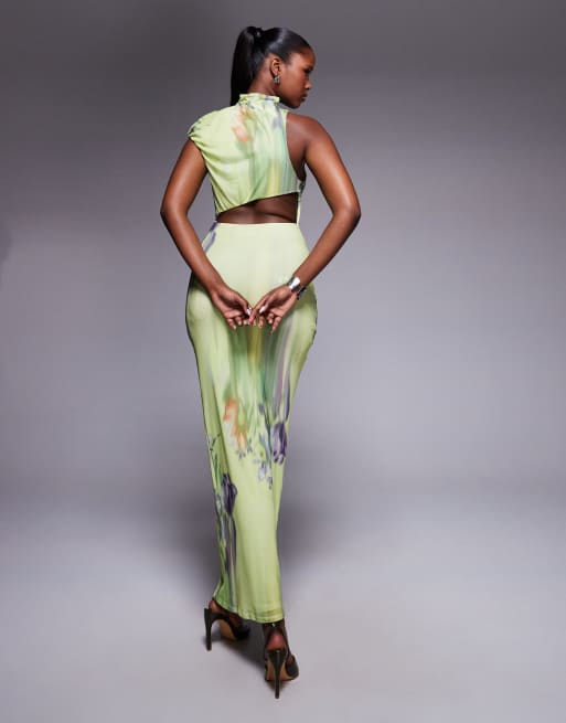 ASOS DESIGN printed mesh one shoulder capped sleeve maxi dress with high neck in botanical floral print, 2 of 4