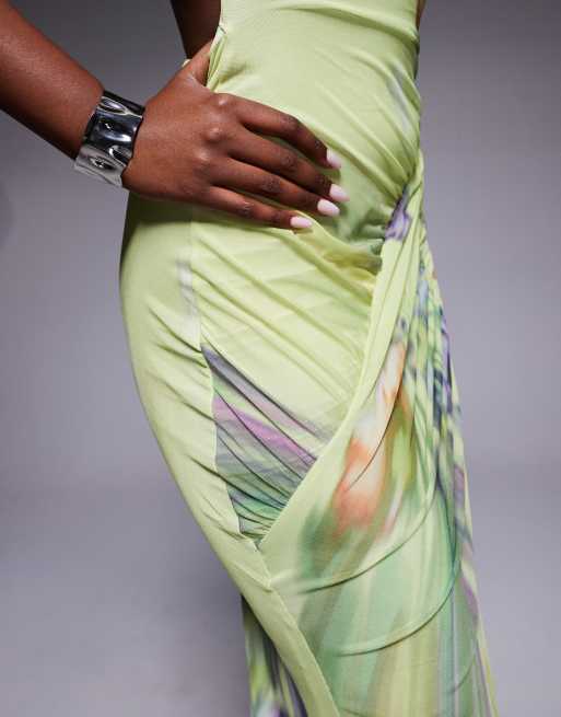 ASOS DESIGN printed mesh one shoulder capped sleeve maxi dress with high neck in botanical floral print, 4 of 4