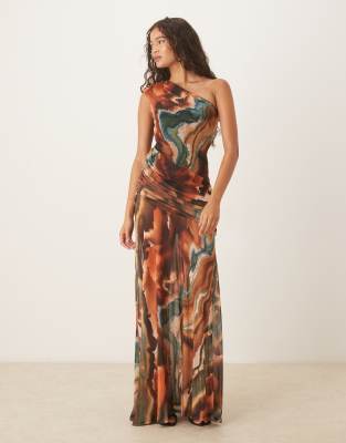 Asos Design Printed Mesh One-shoulder Gauged Detail Maxi Dress With Full Skirt In Multi