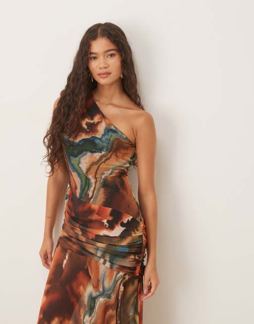 ASOS DESIGN printed mesh one-shoulder gauged detail maxi dress with full skirt in marble print