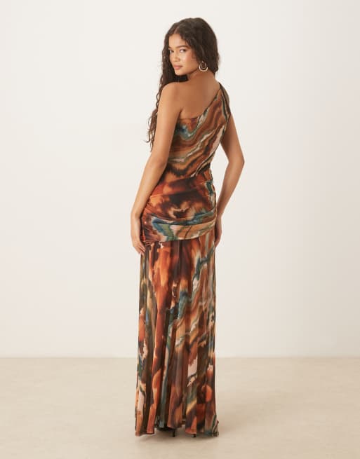 ASOS DESIGN printed mesh one-shoulder gauged detail maxi dress with full skirt in marble print