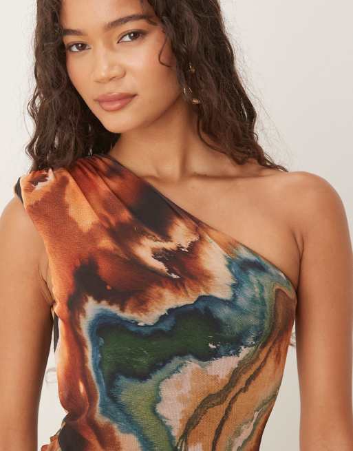 ASOS DESIGN printed mesh one-shoulder gauged detail maxi dress with full skirt in marble print