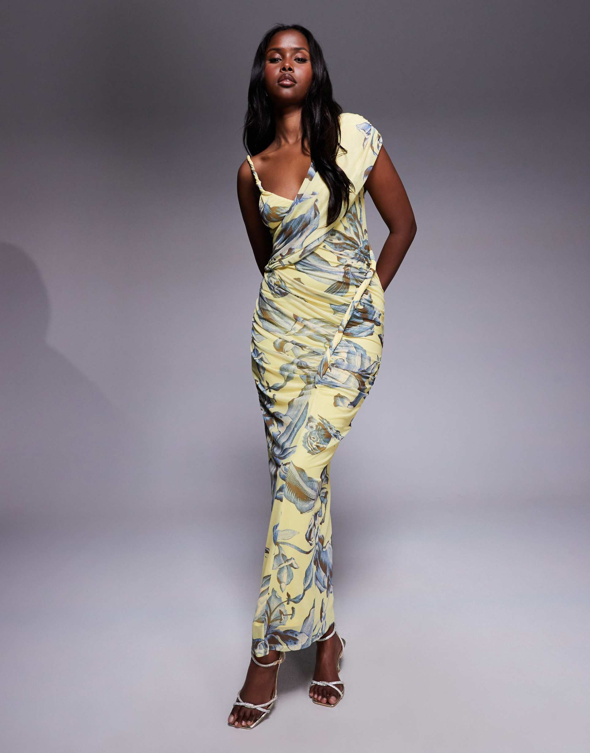 asos design printed mesh one shoulder ruched maxi dress in yellow floral print
