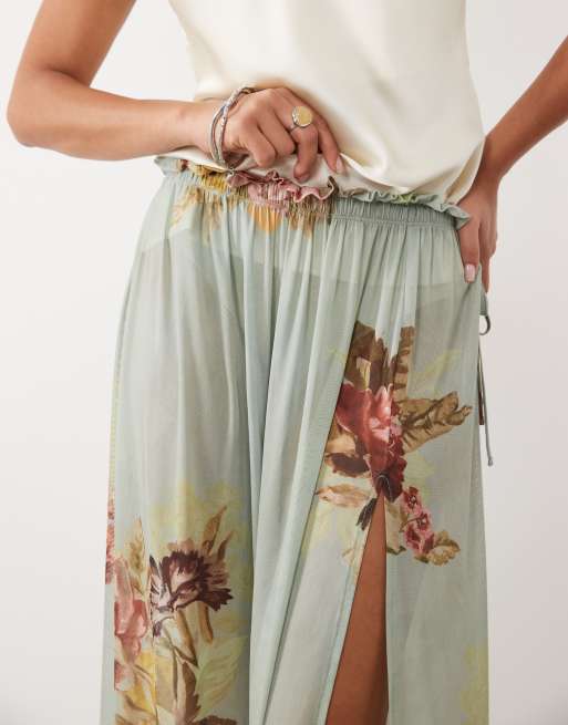 ASOS DESIGN printed mesh paperbag maxi skirt in blue floral, 3 of 5
