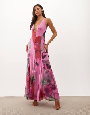 Asos Design Printed Mesh Plunge Maxi Dress In Multi