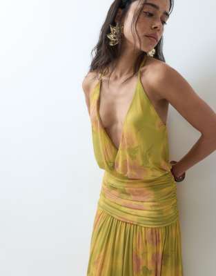 Asos Design Printed Mesh Plunge Neck Gathered Detail Maxi Dress In Yellow