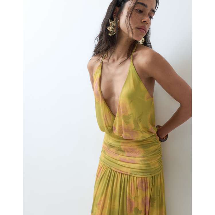 shape yellow swirl print mesh deep plunge bodycon dress ASOS DESIGN printed neck gathered detail maxi in abstract floral anagram-enabled Hugo Boss Boss Sheath Size:63 in x 31.5 in * 82% polyester Mini bodycon