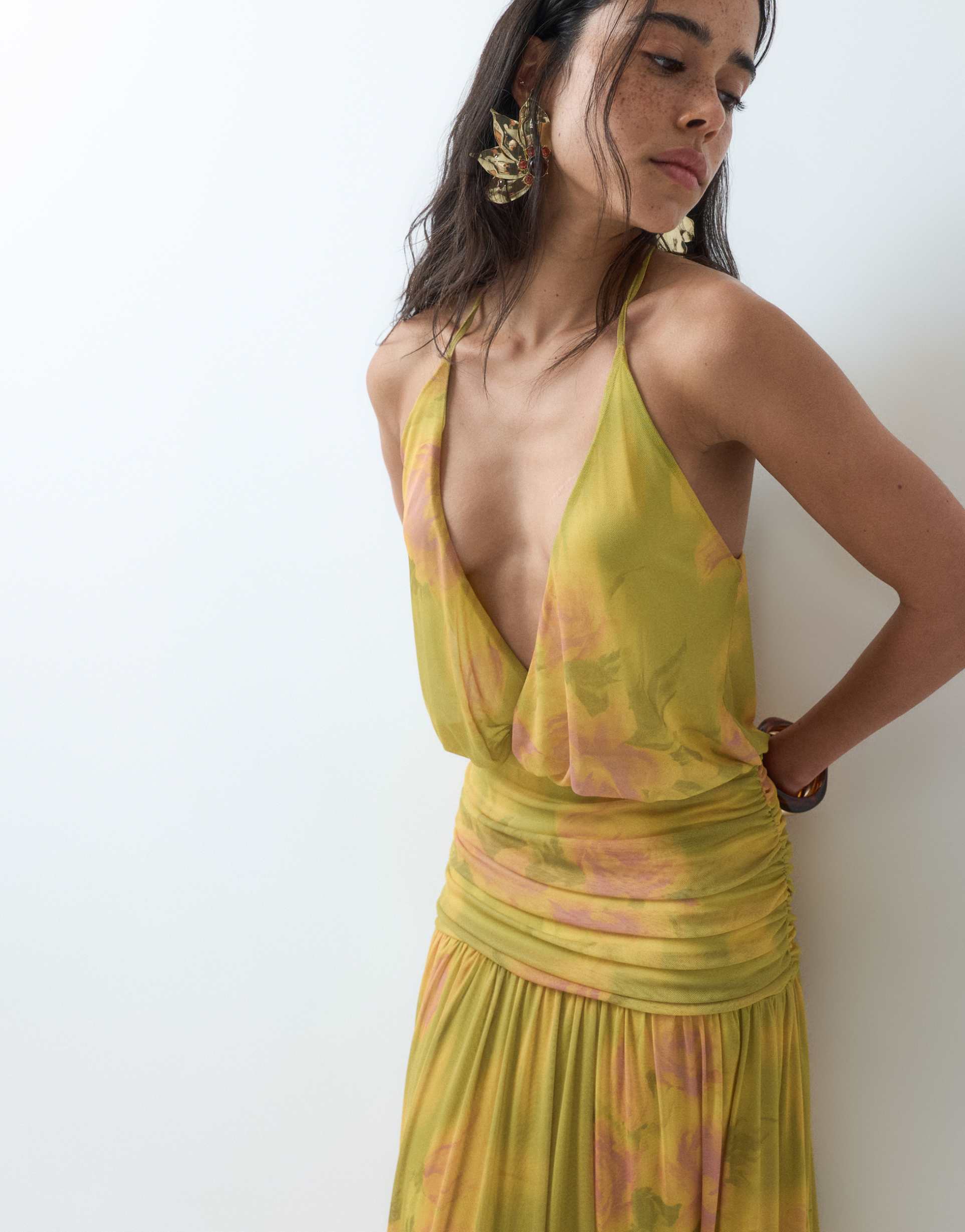 asos design printed mesh plunge neck gathered detail maxi dress in yellow abstract floral