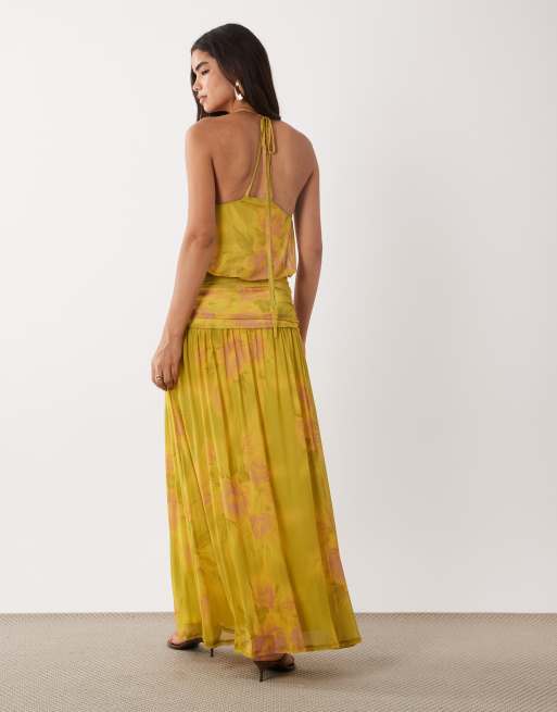 yellow mesh dress Leather Straps Lace Up Ruched Mini Small this gown radiates romance and confidence with its offshoulder neckline and flattering leftside cowl that cascades into an overlapping skirt Luca Yellow Mesh Maxi Dress
