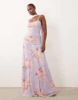 Asos Design Printed Mesh Ruched Bust Maxi Dress With Scarf Detail In Multi