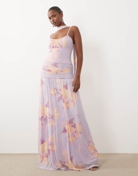 ASOS DESIGN printed mesh ruched bust maxi dress with scarf detail in purple floral - view 1