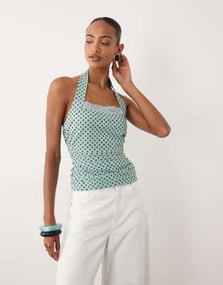 ASOS DESIGN printed mesh ruched halter top with lace detail in blue