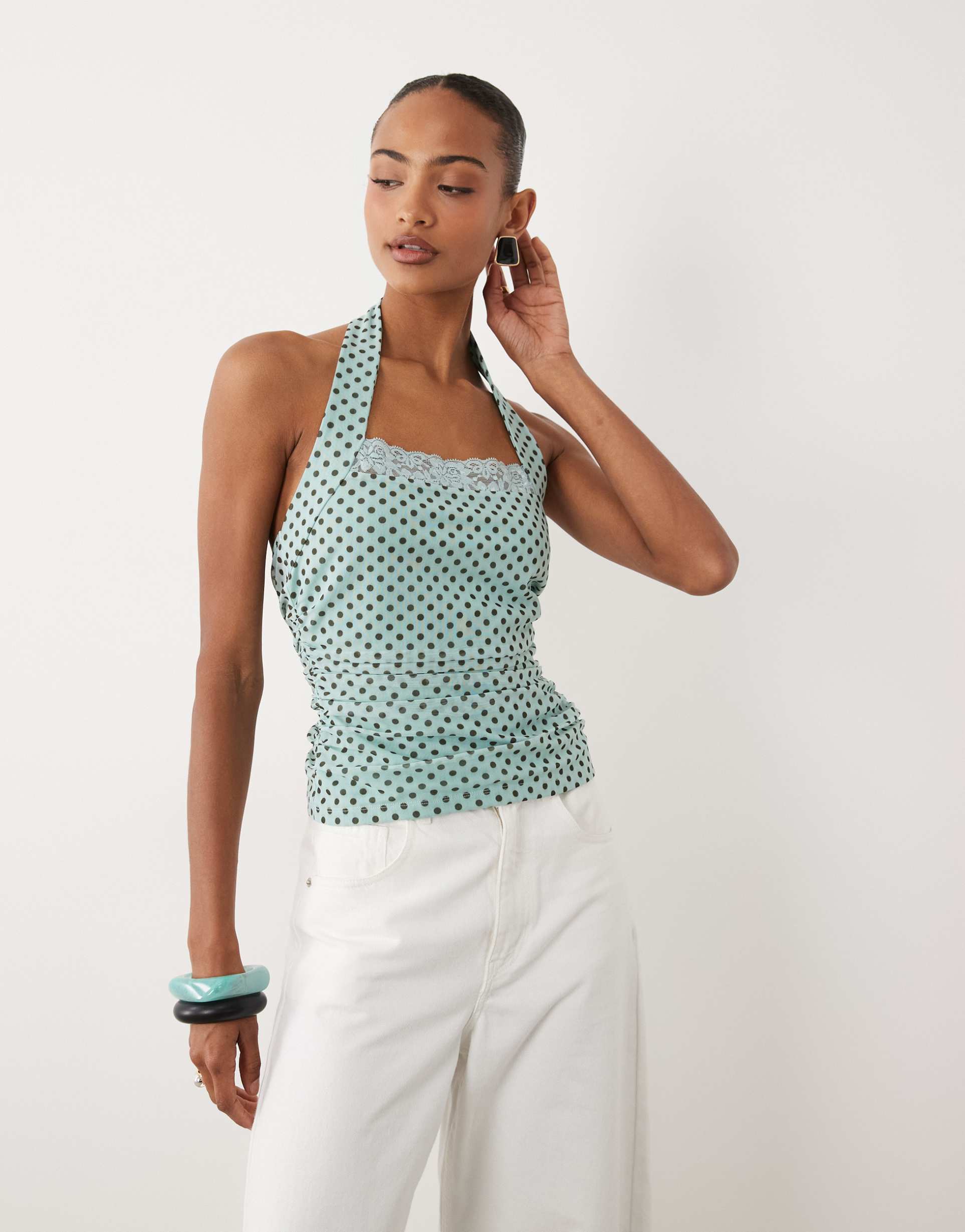 asos design printed mesh ruched halter top with lace detail in blue