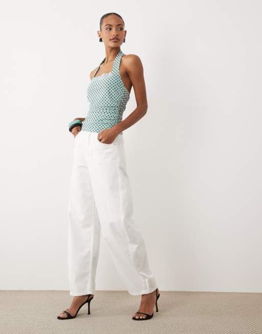ASOS DESIGN printed mesh ruched halter top with lace detail in blue, 2 of 4