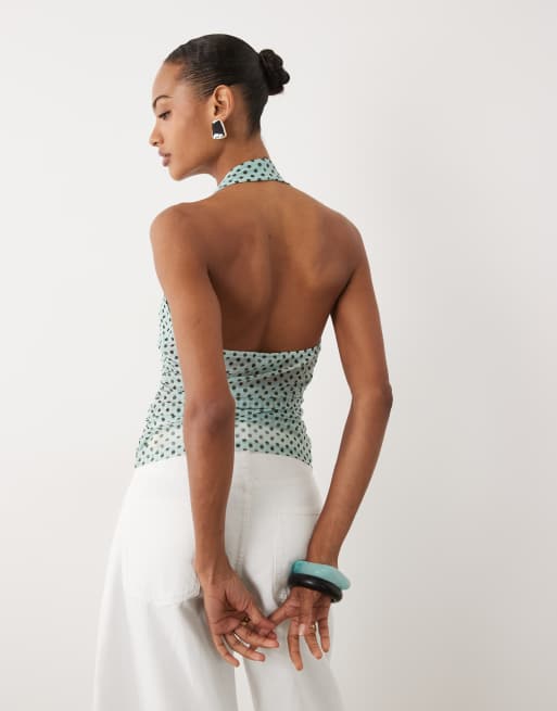 ASOS DESIGN printed mesh ruched halter top with lace detail in blue, 4 of 4