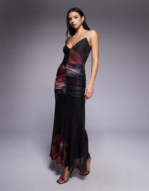 ASOS DESIGN printed mesh ruched maxi dress in dark floral - view 1