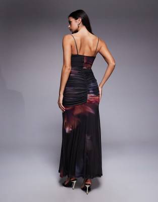 Asos Design Printed Mesh Ruched Maxi Dress In Multi