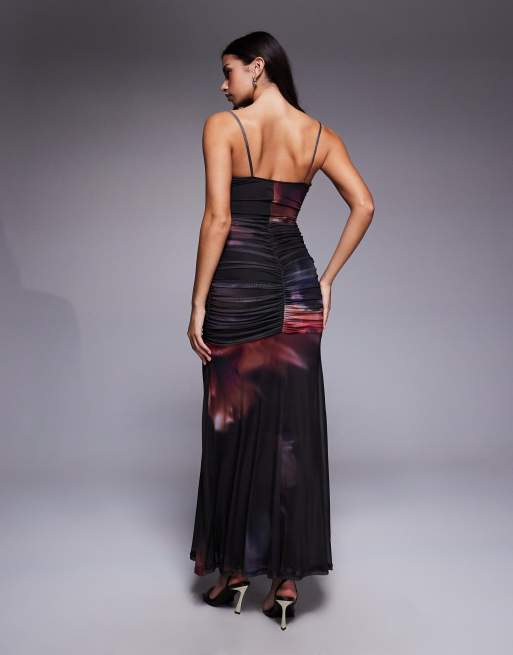 ASOS DESIGN printed mesh ruched maxi dress in dark floral