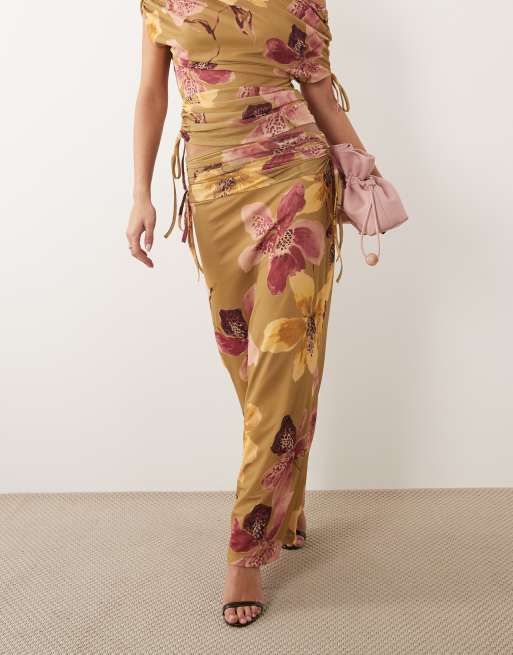 ASOS DESIGN printed mesh ruched maxi skirt in buttermilk floral print - part of a set, 2 of 5