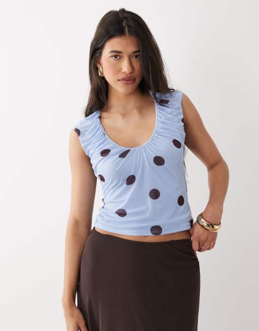 ASOS DESIGN printed mesh ruched scoop top in polka dot, 3 of 4