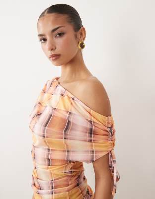 ASOS DESIGN printed mesh ruched shoulder cinched waist top in pink check - part 