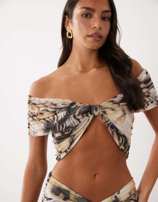 ASOS DESIGN printed mesh ruched top in animal print (part of a set), 3 of 4