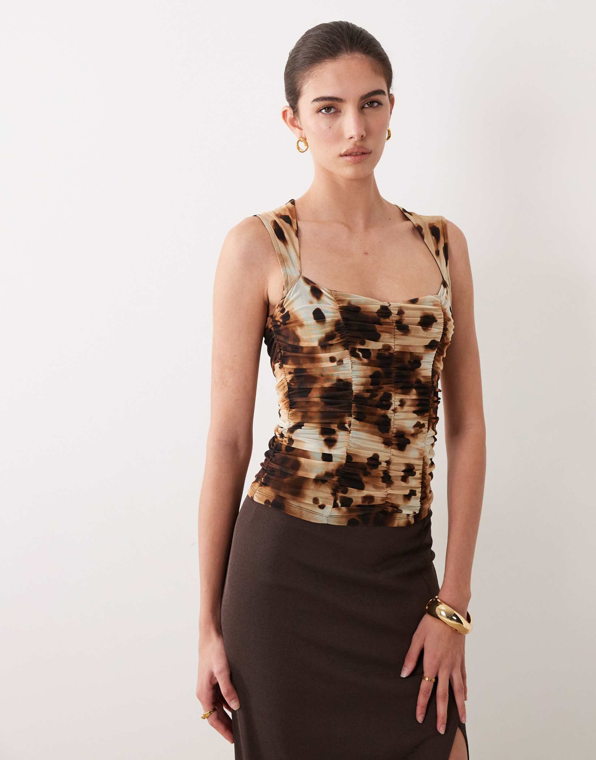 asos design printed mesh ruched top with sweetheart neckline in animal print