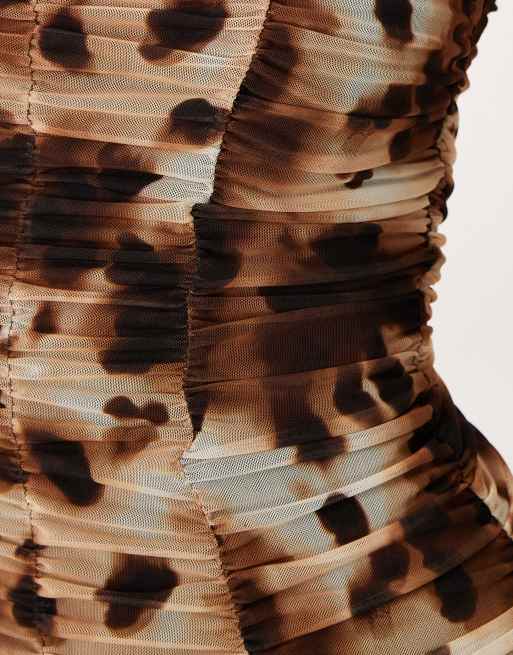 ASOS DESIGN printed mesh ruched top with sweetheart neckline in animal print, 3 of 4
