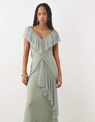 Asos Design Printed Mesh Ruffle Maxi Dress With Open Back In Blue