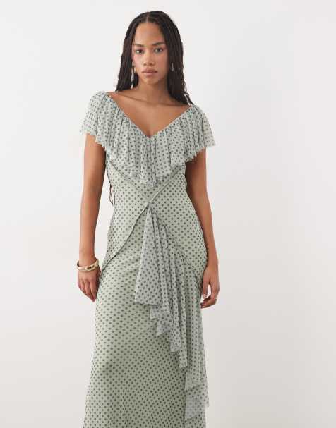 ASOS DESIGN printed mesh ruffle maxi dress with open back in blue and brown polka dot - view 1