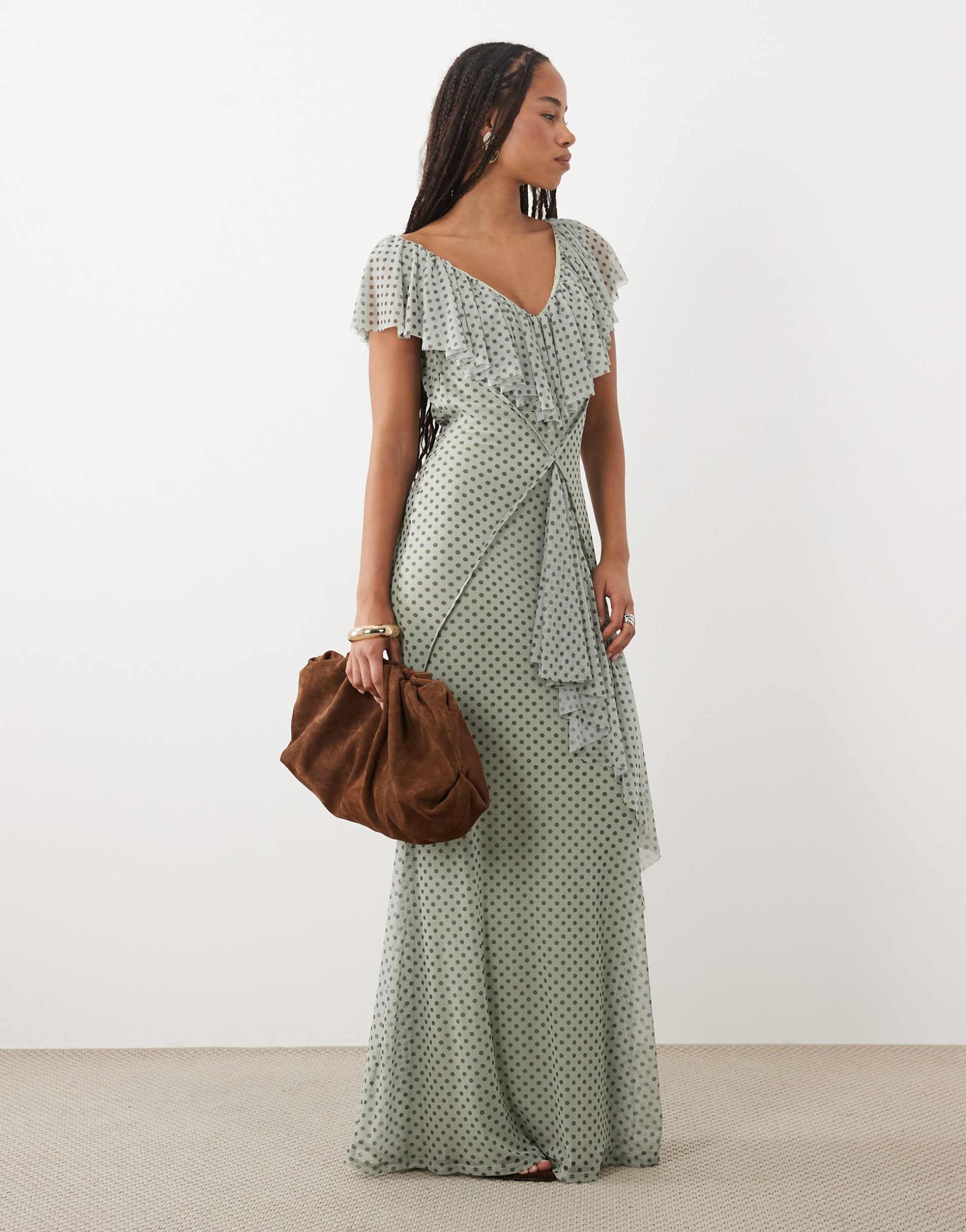 asos design printed mesh ruffle maxi dress with open back in blue and brown polka dot