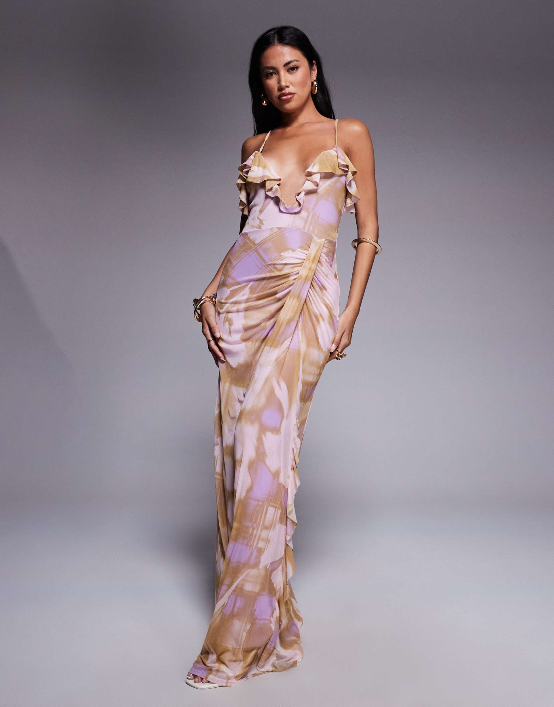 asos design printed mesh ruffle maxi dress with ruched detailing in blurred floral print