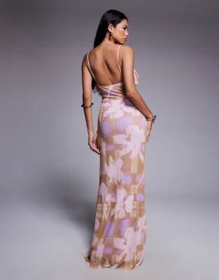 Asos Design Printed Mesh Ruffle Maxi Dress With Ruched Detailing In Brown