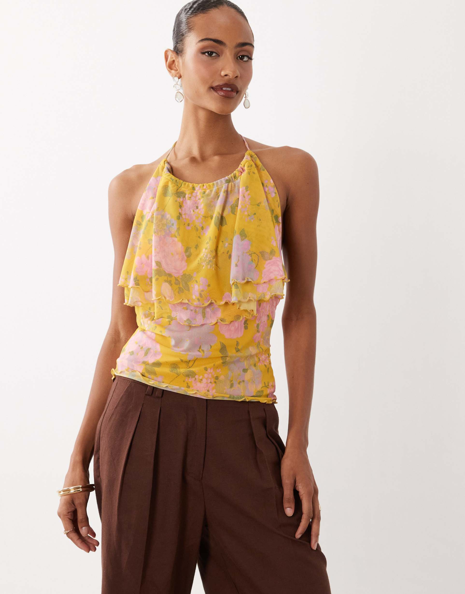 asos design printed mesh ruffled halter neck cami top in green floral