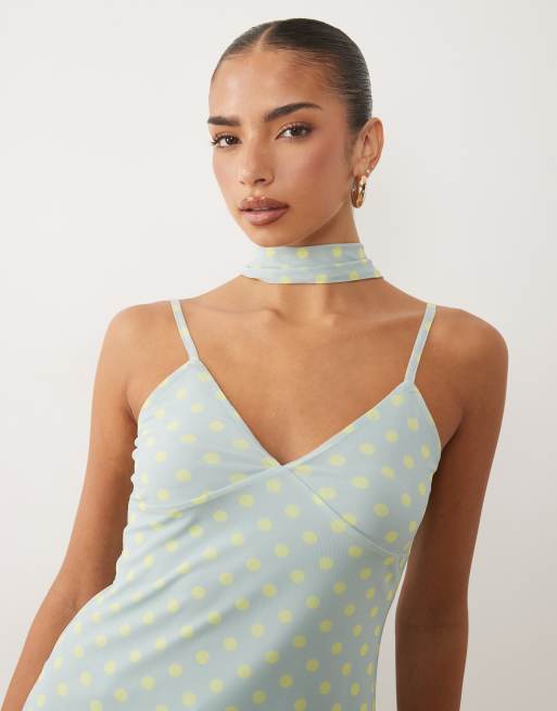 ASOS DESIGN printed mesh scarf cami top in blue and yellow polka dot, 3 of 4