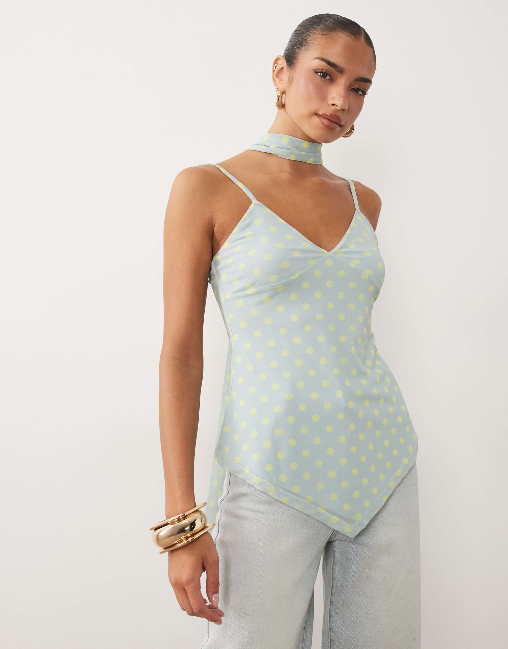 asos design printed mesh scarf cami top in blue and yellow polka dots
