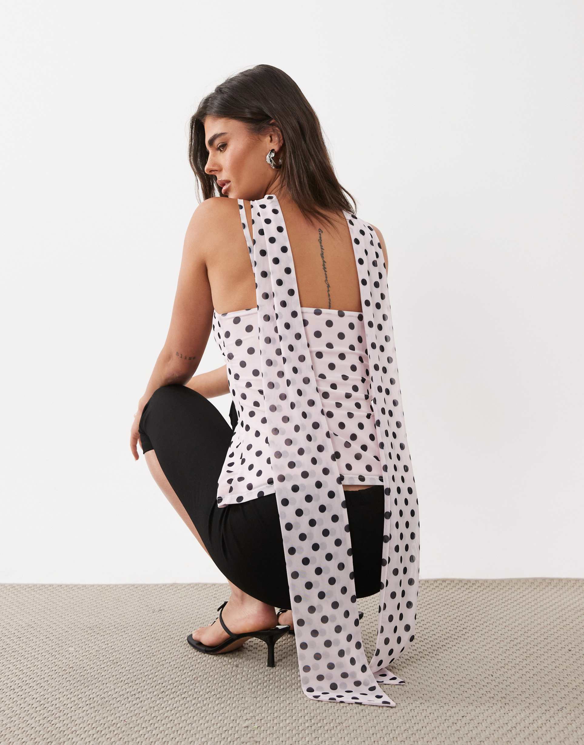asos design printed mesh scarf cami top in pink and brown polka dots