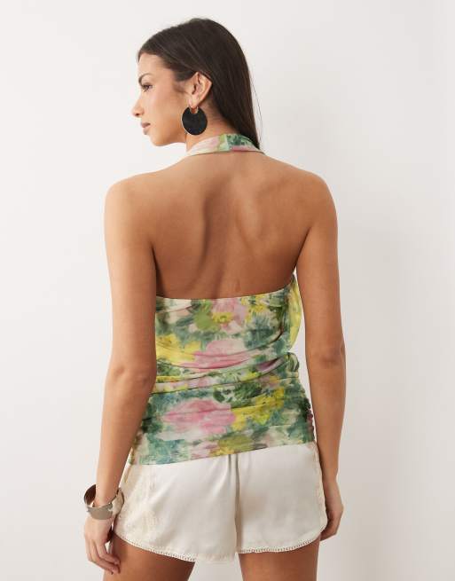 ASOS DESIGN printed mesh scarf detail halter top in floral print, 2 of 4