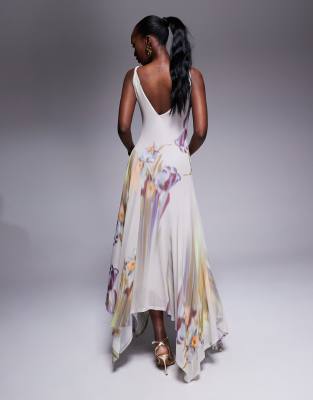 Asos Design Printed Mesh Scoop Neck Maxi Dress