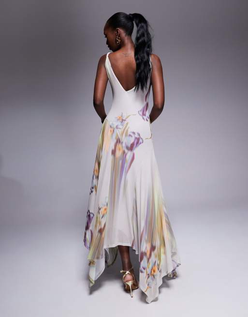 ASOS DESIGN printed mesh  scoop neck maxi dress in blurred floral