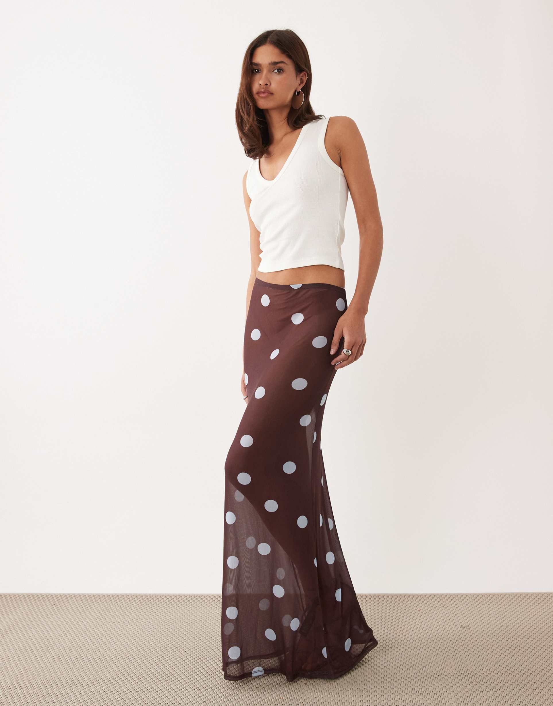 asos design printed mesh sheer column maxi skirt in polka dots